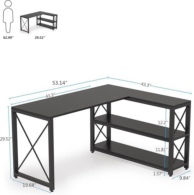 Tribesigns Reversible Industrial L-Shaped Desk with Storage Shelves, Corner Computer Desk PC Laptop Study Table Workstation for Home Office Small Space (Black, 53") - LeafyLoom