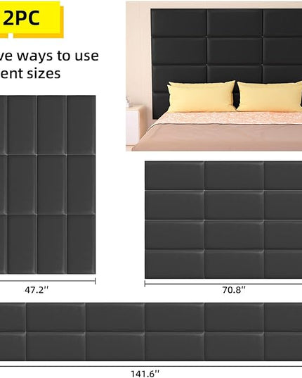 Peel and Stick Headboard for Twin and king in Black Headboard panels for wall, 3D Anti-Collision Wall Panel, Self-Adhesive Bedroom/Living Room Upholstered Wall Panel (12 Panels/11.8" x 23.6") - LeafyLoom
