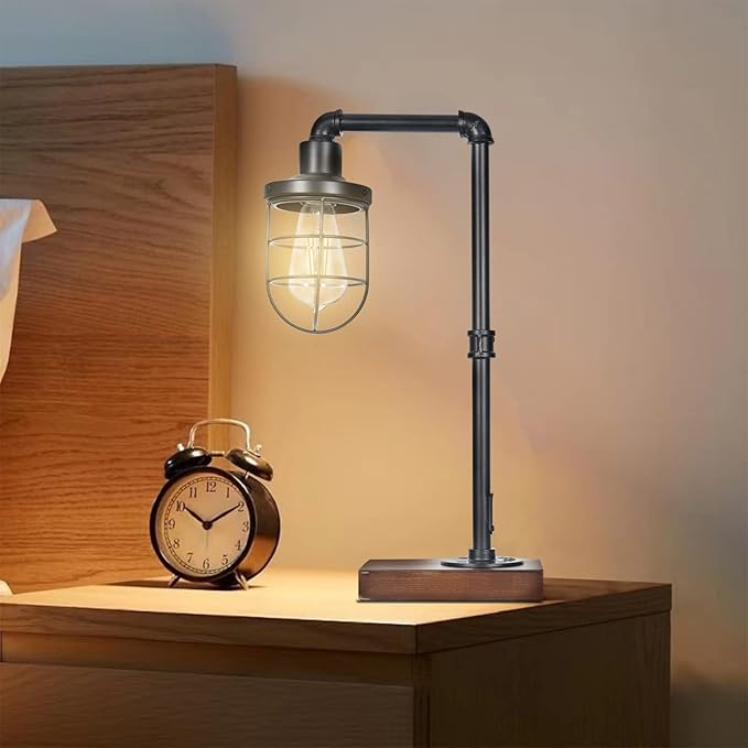 CONCA Steampunk Table Lamp, Industrial Table Lamp, E26 Base Rustic Edison Lighting, Caged Wood Base Iron Tube Table Lamp (B-Black) - LeafyLoom