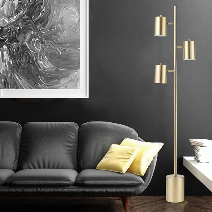 Globe Electric 67604 3-Light Floor Lamp, Matte Soft Gold, Large Weighted Base, Individual Rotary On/Off Switches on Shades, Floor Lamp for Living Room, Floor Lamp for Bedroom, Home Office Accessories - LeafyLoom