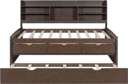 Wooden Full Size Captain Bed with Built-in Bookshelves, Full Daybed Frame with 3 Storage Drawers and Trundle, Antique Gray - LeafyLoom