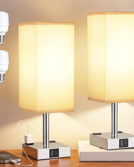 aooshine Touch Bedside Table Lamp set of 2-3-Way Dimmable Night Lamp with USB A + Type C Charging Ports and two AC Outlets, Small Desk Light with E26 LED Bulb for Bedroom Living Room Dorm Office - LeafyLoom