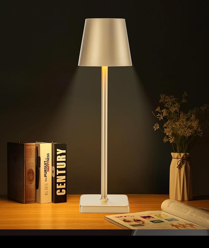 Gold Cordless Table Lamp, Aluminum Shell LED Rechargeable Desk Lamp, 3W 5200mAh Battery Operated Table Light, 3 Color Stepless Dimming Up Waterproof for Living Room/Indoor/Outdoor (Gold) - LeafyLoom