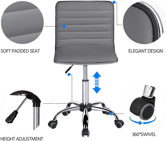 Yaheetech PU Leather Office Chair Task Chair, Ribbed Armless Desk Chair, Adjustable Low Back Executive Chair with Wheels Grey - LeafyLoom