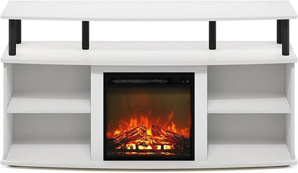 Furinno Jensen Open Shelving Storage Fireplace TV Entertainment Center for TV up to 55 Inch, Solid White/Black - LeafyLoom