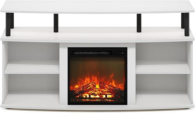Furinno Jensen Open Shelving Storage Fireplace TV Entertainment Center for TV up to 55 Inch, Solid White/Black - LeafyLoom