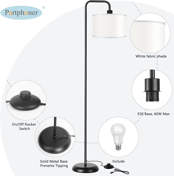 [Upgraded] LED Floor Lamp for Living Room, 3 Color Temperature Floor Lamp with Foot Switch Modern Standing Lamp Tall Pole Floor Reading Lamp for Bedroom, Study Room, Office, 9W Bulb Included, Black - LeafyLoom