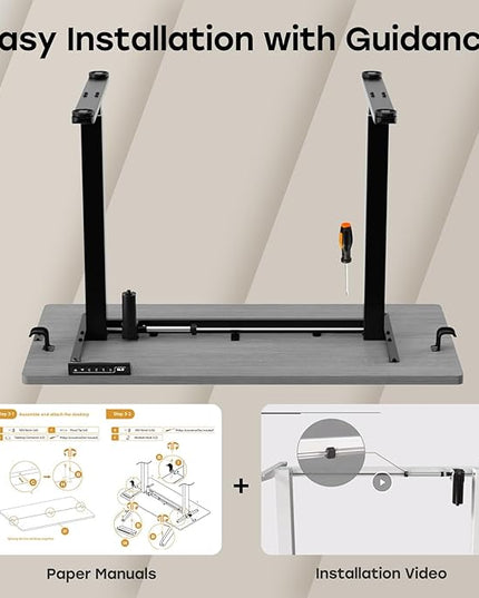 Grey Standing Desk, 48 X 24 Inch Adjustable Height Electric Desk, Sit Stand Desk with 2 Hooks, Ergonomic Rising Desk with Splice Board - LeafyLoom
