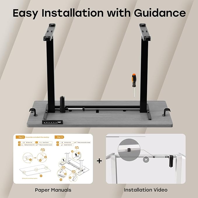 Grey Standing Desk, 48 X 24 Inch Adjustable Height Electric Desk, Sit Stand Desk with 2 Hooks, Ergonomic Rising Desk with Splice Board - LeafyLoom