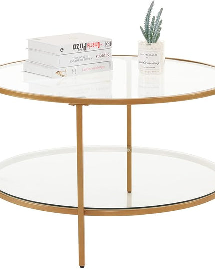 VINGLI Glass Coffee Table,30" Round Coffee Table Gold Coffee Tables for Living Room,2-Tier Glass Top Coffee Table with Storage Clear Coffee Table,Simple & Modern Center Table Mesa de Centro Para Sala - LeafyLoom