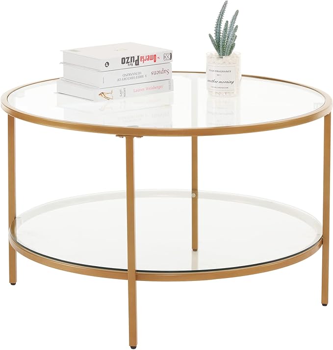 VINGLI Glass Coffee Table,30" Round Coffee Table Gold Coffee Tables for Living Room,2-Tier Glass Top Coffee Table with Storage Clear Coffee Table,Simple & Modern Center Table Mesa de Centro Para Sala - LeafyLoom