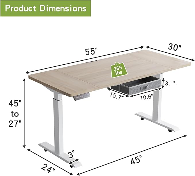 Radlove Dual Motors Height Adjustable 55 x 30'' Electric Standing Desk with Drawer Stand Up Table 4 Memory Keys, Computer Desk with Splice Board Home Office Desk, Oak Top + White Frame - LeafyLoom
