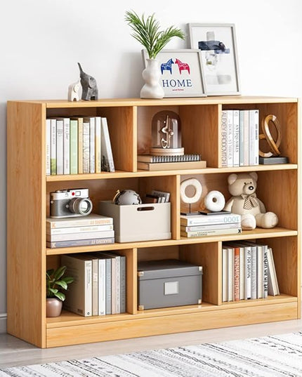 IOTXY Open Shelf Low Bookcase - Wooden 3-Tier Floor Standing Display Cabinet Organizer with Base, 8 Cubes Short Horizontal Bookshelf in Pear Yellow - LeafyLoom