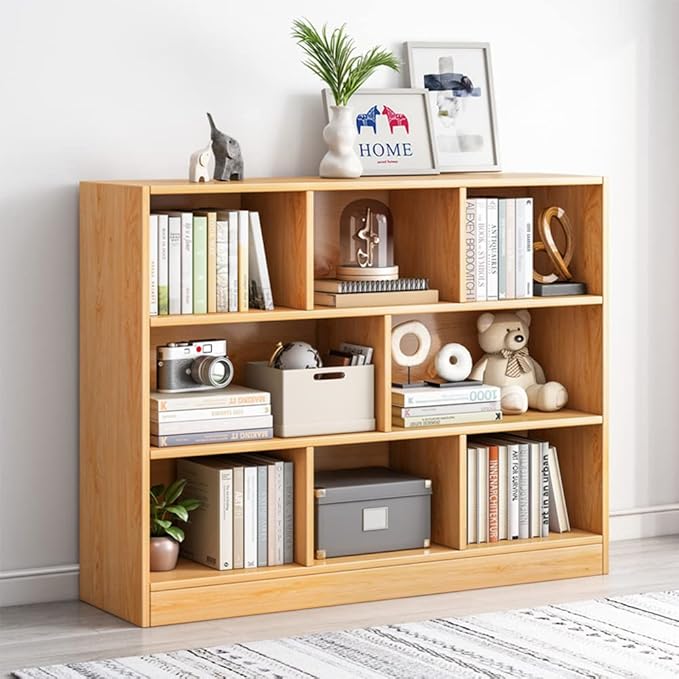 IOTXY Open Shelf Low Bookcase - Wooden 3-Tier Floor Standing Display Cabinet Organizer with Base, 8 Cubes Short Horizontal Bookshelf in Pear Yellow - LeafyLoom