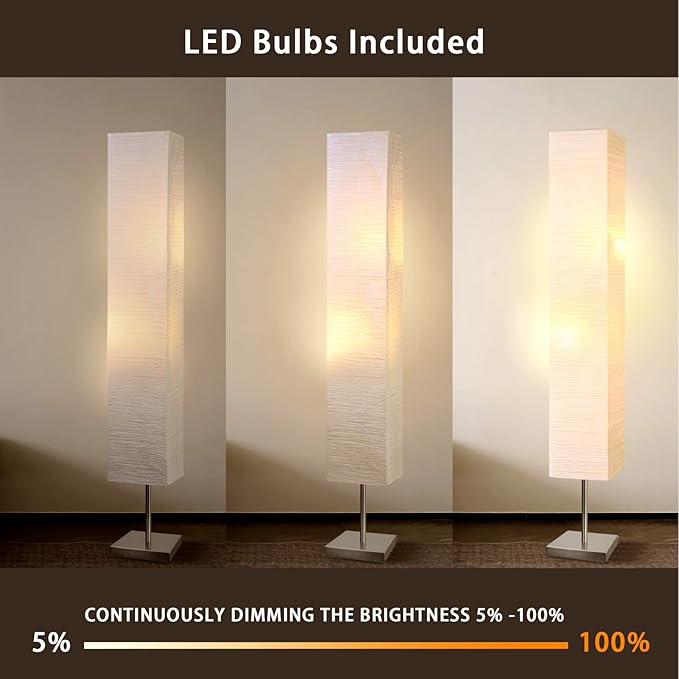 Modern Floor Lamp, Dimmable 3 Levels Brightness Paper Tall Lamp Standing Lamps with Lampshade, 55'' Minimalist Floor Lamps for Office, Kids Room, Reading, Home Decor (Off White) - LeafyLoom