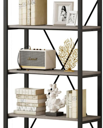 BON AUGURE Industrial Bookshelf, Etagere Bookcases and Book Shelves 5 Tier, Rustic Wood and Metal Shelving Unit (Dark Gray Oak) - LeafyLoom