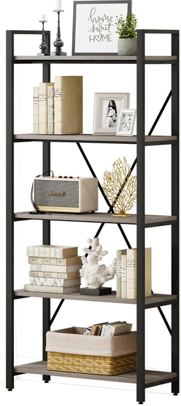 BON AUGURE Industrial Bookshelf, Etagere Bookcases and Book Shelves 5 Tier, Rustic Wood and Metal Shelving Unit (Dark Gray Oak) - LeafyLoom