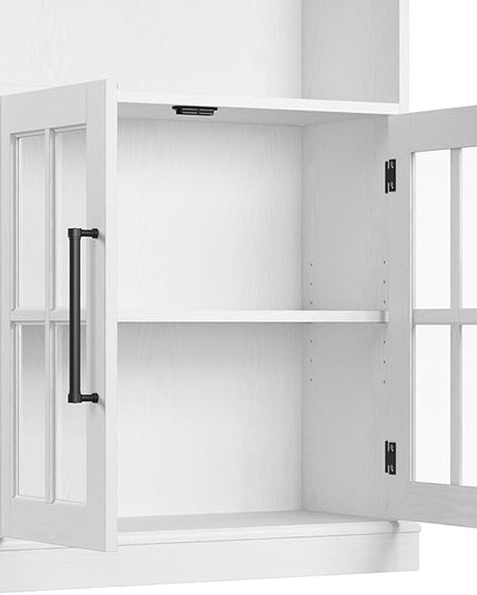 Bush Furniture Westbrook Tall 5 Shelf Bookcase with Glass Doors in White Ash | Farmhouse Bookshelf Cabinet for Living Room and Home Office - LeafyLoom