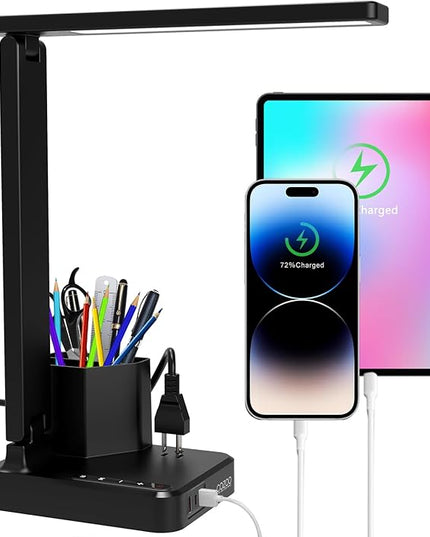 COZOO LED Desk Lamp with 3 USB Charging Ports,1 AC Outlet,2 Pen Holders,3 Color Temperatures 3 Brightness LevelsTouch/Memory/Timer Function,10W Eye Protection Foldable Reading Light,College Study Lamp - LeafyLoom