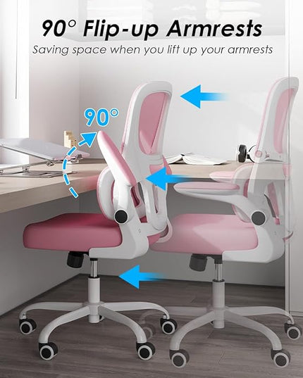 Soohow Ergonomic Home Office Chair, Mesh Desk Chair with Lumbar Support, Comfy Computer Desk Chair with Flip Armrest Rolling Wheels, Pink. - LeafyLoom