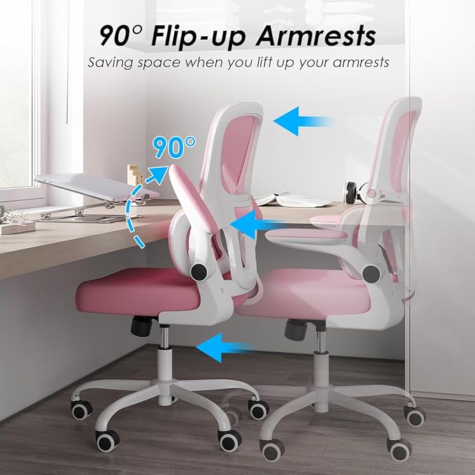 Soohow Ergonomic Home Office Chair, Mesh Desk Chair with Lumbar Support, Comfy Computer Desk Chair with Flip Armrest Rolling Wheels, Pink. - LeafyLoom