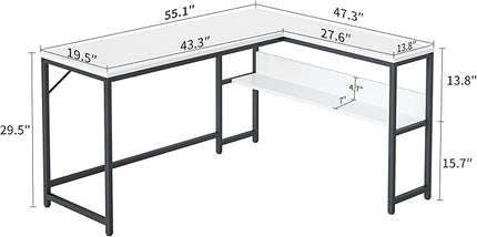 CubiCubi L Shaped Desk, 55.1 inch Corner Computer Desk with Storage Shelves, Home Office Desk with Bookshelf for Writing Gaming Study, White - LeafyLoom