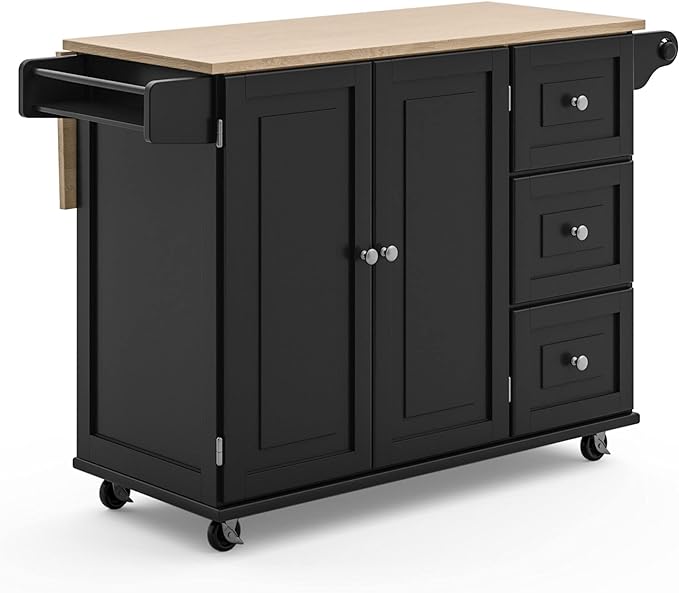 Homestyles Dolly Madison Kitchen Cart with Wood Top and Drop Leaf Breakfast Bar, Rolling Mobile Kitchen Island with Storage and Towel Rack, 54 Inch Width, Black - LeafyLoom