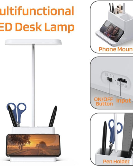 AXX Small Desk Lamps for Home Office, White Desk Light for Kids, LED Desktop/Computer Study Lamps for Bedrooms, Rechargeable, Pen Holder, Mini, Adjustable Gooseneck Table Lamp for College Dorm Room - LeafyLoom
