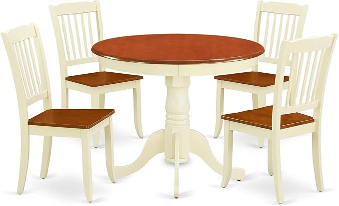 East West Furniture ANDA5-BMK-W Antique 5 Piece Set Includes a Round Kitchen Table with Pedestal and 4 Dining Chairs, 36x36 Inch - LeafyLoom