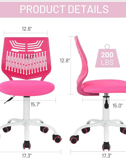 FurnitureR Desk Chair Armless Cute Home Office Desk Chair for Kids, Swivel Computer Task Chair Study Chair with Mesh Padded Cushion and Rolling Wheels for Child, Pink - LeafyLoom