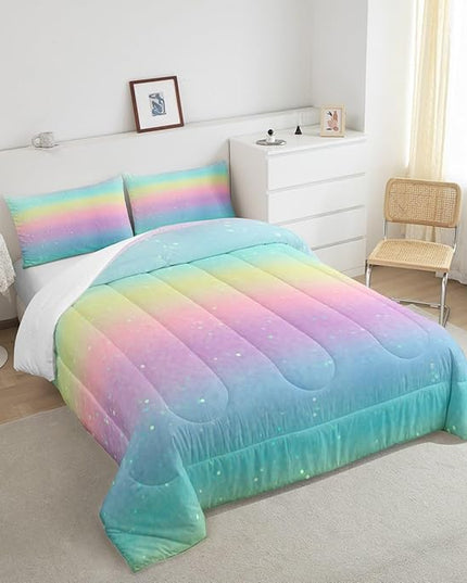 Erosebridal Blue Gradient Bedding Rainbow Tie Dye Bedding Comforter Sets for Kids Boys Girls Bedroom, Galaxy Glitter Comforter Set Pastel Watercolor Sparkle Quilt with 2 Pillowcases, Queen - LeafyLoom