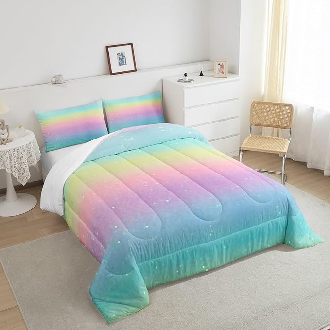 Erosebridal Blue Gradient Bedding Rainbow Tie Dye Bedding Comforter Sets for Kids Boys Girls Bedroom, Galaxy Glitter Comforter Set Pastel Watercolor Sparkle Quilt with 2 Pillowcases, Queen - LeafyLoom