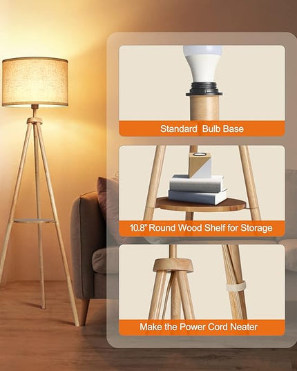 OUTON Wood Tripod Floor Lamp with Shelves, Mid Century Floor Lamp with Remote Control,4 Color Temperature, LED Modern Dimmable Standing Lamp with Beige Linen Shade for Living Room, Bedroom, Office - LeafyLoom