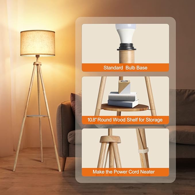 OUTON Wood Tripod Floor Lamp with Shelves, Mid Century Floor Lamp with Remote Control,4 Color Temperature, LED Modern Dimmable Standing Lamp with Beige Linen Shade for Living Room, Bedroom, Office - LeafyLoom