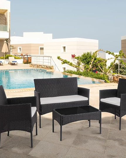 Shintenchi 4 Piece Outdoor Patio Furniture Sets, Small Wicker Patio Conversation Furniture Rattan Chair Set with Tempered Glass Coffee Table for Backyard Porch Garden Poolside Balcony - LeafyLoom