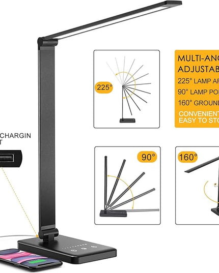 Led Desk Lamp, Desk Lamp with USB Charging Port, 5 Color Modes, 10 Brightness, Natural Light, Eye Caring Reading Lamp, Desk Light for Home Office, Table Lamp, Touch Control, Auto-Timer, Black - LeafyLoom