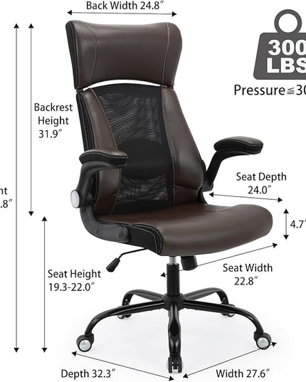 Home Office Chair, Ergonomic Desk Chair with Lumbar Support, Faux PU Leather Cushion Mid Back Mesh Executive Computer Chair-Adjustable Headrest, Armrest, Height for Home Office Gaming, Brown - LeafyLoom