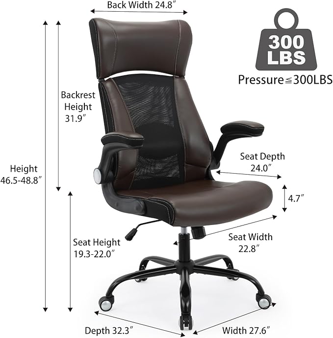 Home Office Chair, Ergonomic Desk Chair with Lumbar Support, Faux PU Leather Cushion Mid Back Mesh Executive Computer Chair-Adjustable Headrest, Armrest, Height for Home Office Gaming, Brown - LeafyLoom