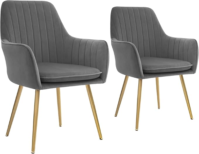 CangLong Furniture Modern Living Dining Room Accent Arm Chairs Club Guest with Gold Metal Legs, Set of 2, Grey - LeafyLoom