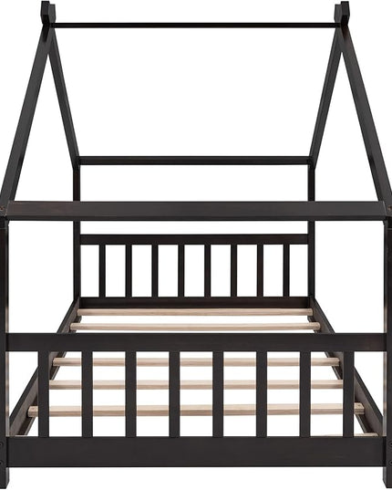 Montessori Floor Bed Frame Twin Size, Twin Floor Bed Frame with Headboard, Footboard and Slats, Wood Montessori Bed Frame/Montessori House Bed for Kids, Girls, Boys(Espresso) - LeafyLoom