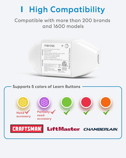 Smart WiFi Garage Door Opener Remote, App Control, Works with Alexa, Google Assistant and SmartThings, No Hub Needed meross
