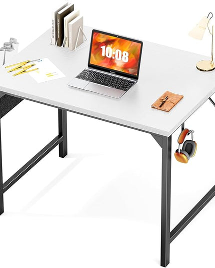 JHK Computer Small Desk Office 32 Inch Writing Work Kids Study Simple Wooden Table for Home Bedroom Modern Style with Headphone Hooks & Storage Bag, White - LeafyLoom