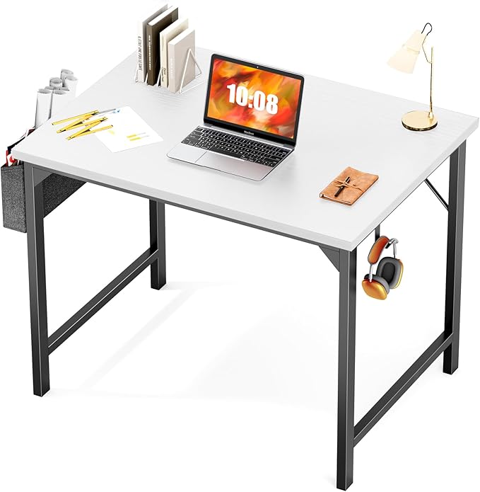 JHK Computer Small Desk Office 32 Inch Writing Work Kids Study Simple Wooden Table for Home Bedroom Modern Style with Headphone Hooks & Storage Bag, White - LeafyLoom