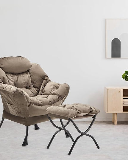 Lazy Chair with Folding Ottoman, Accent Chair Velvet Upholstered with Metal Structure and Non-Slip Pads, Sofa Armchair with Footrest and Side Storage Bag for Dorm, Room, Office, Dark Gray - LeafyLoom