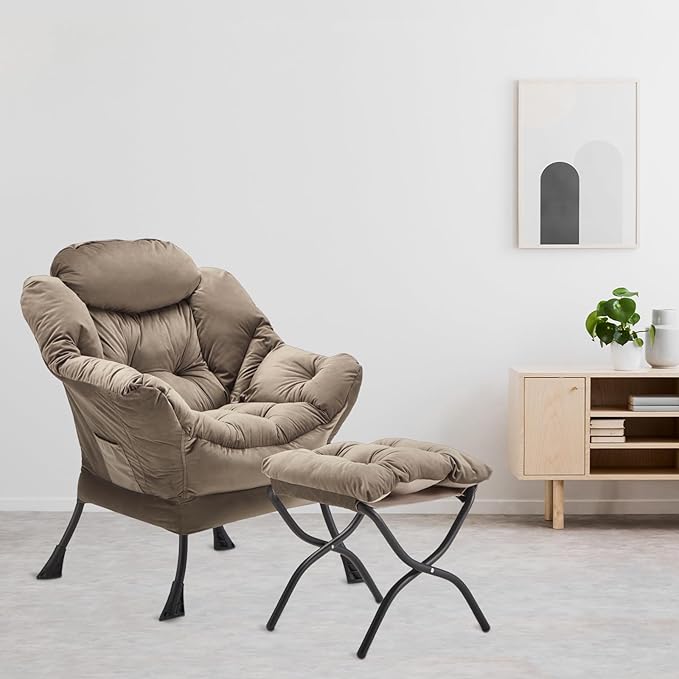Lazy Chair with Folding Ottoman, Accent Chair Velvet Upholstered with Metal Structure and Non-Slip Pads, Sofa Armchair with Footrest and Side Storage Bag for Dorm, Room, Office, Dark Gray - LeafyLoom