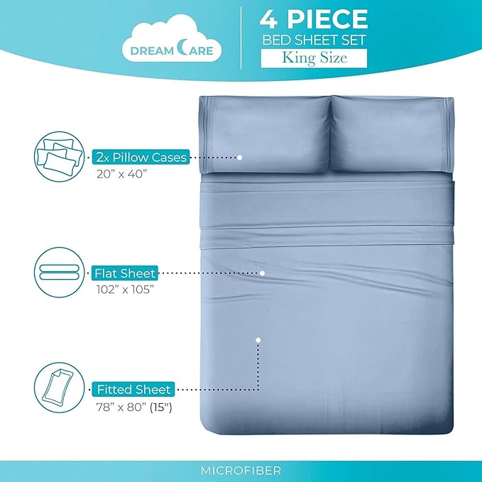 DREAMCARE Sheet Set - 4pcs Cooling Microfiber, Deep Pocket King, Hotel Luxury, Soft 100% Fine Microfiber with Side Pocket - Light Blue - LeafyLoom