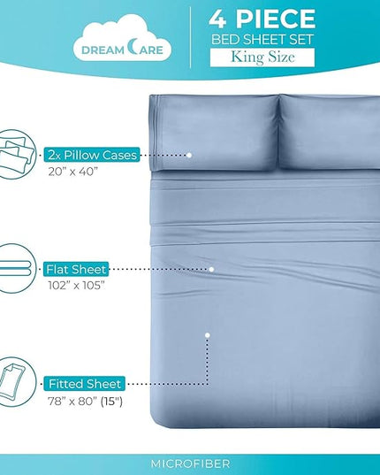 DREAMCARE Twin XL Sheet Sets - Cooling Bed Sheets - 4pcs Set - up to 15" Deep Pocket Twin XL Sheets - XL Twin Sheet Set – Soft & Long Lasting 100% Fine Brushed Polyester with Side Pocket - Light Blue - LeafyLoom