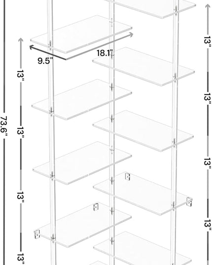 Acrylic Corner Bookshelf, Wall Mounted, 10-Tier L Shaped Bookshelf with Open Shelves, Multipurpose Clear Ladder Bookcase for Living Room, Bathroom, Office, Modern, 73.6" H - LeafyLoom