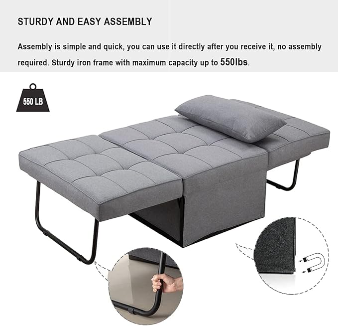 Sofa Bed,4 in 1 Multi Function Folding Ottoman Sleeper Bed,Modern Convertible Chair Adjustable Backrest Couch for Living Room Small Room Apartment,Light Grey - LeafyLoom