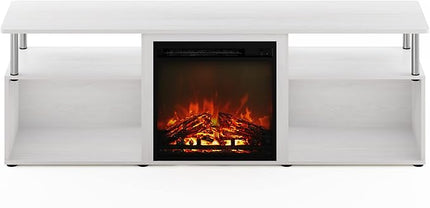 Furinno Jensen Open Storage Fireplace Entertainment Center for TV up to 70 Inch with Stainless Steel Tubes, White Oak/Chrome - LeafyLoom